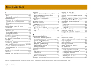 282 Índice alfabético
Índice alfabético
Todos los textos marcados con * indican que se trata, bien de equipamiento opcional de fábrica, bien de accesorios originales de smart.
A
abs ....................................................... 163
Fallo .................................................. 164
Testigo de control.............................. 36
Aceite de motor ................................... 276
Cantidad de llenado.......................... 276
Comprobar el nivel de aceite........... 206
Rellenar ............................................ 208
Tipos................................................. 209
Aceite, véase Aceite de motor
Aceleración.......................................... 270
Airbag .................................................. 166
Acompañante .................................... 169
Airbags laterales.............................. 166
Testigo de control.............................. 39
Airbag del acompañante...................... 169
Airbags laterales* ............................... 166
Aire acondicionado Plus* .................... 102
AirSeat*.............................................. 134
Alfombrillas*........................................ 137
Aparatos de limpieza
a alta presión............................... 126, 220
Aparatos eléctricos/electrónicos
Montaje posterior ............................ 277
Aparcar................................................ 147
Argolla para remolcado....................... 260
Arrancar .............................................. 143
Arrancar por inercia........................... 259
Asiento
Abatir el asiento del acompañante.....20
Ajustar en sentido longitudinal ..........18
Regular la altura.................................18
Asiento del acompañante
Abatir ..................................................20
Avisador óptico......................................66
Aviso de heladas*...................................49
Display.................................................44
Ayuda de arranque
Arrancar por inercia ........................259
Arranque mediante alimentación exter
na.......................................................256
B
Bandejas portaobjetos
Bolsa con red de retención*.............190
Bolsa portaobjetos* en el espacio repo
sapiés del acompañante....................182
Portavasos*.......................................178
Ranuras para monedas .....................174
Red para las puertas*.......................181
Red portaobjetos..............................186
Barrido intermitente............................105
Batería..................................................252
Cargar...............................................258
Desmontar.........................................254
Montar...............................................254
Testigo de control ..............................41
Bloqueo de emergencia..........................14
Bloqueo de puertas
Testigo de control.............................. 12
Bloqueo electrónico de arranque ....... 140
Bocina .................................................... 66
Bolsa con red de retención* ............... 190
Bolsa portaobjetos* en el espacio
reposapiés del acompañante............... 182
Bombillas.............................................. 232
Delanteras ........................................ 232
Sustituir............................................ 232
Traseras ........................................... 233
Bombillas delanteras ........................... 232
Bombillas traseras............................... 233
Botiquín de primeros auxilios* ........... 186
C
Cadenas de nieve*............................... 273
Caja de diagnóstico de a bordo .......... 226
Caja de enchufe................................... 235
Caja de fusibles................................... 227
Caja multifuncional* ............................ 197
Cajón* debajo del asiento
del conductor ...................................... 175
Calefacción ............................................ 96
Calefacción del asiento* .................. 109
Calefacción independiente*............... 98
Calefactor adicional ........................... 98
Deshelar las lunas ............................ 101
Distribución del aire .......................... 97
Luneta trasera.................................. 107
BA fortwo MJ06_Spanish.book Seite 282 Dienstag, 25. Oktober 2005 4:50 16
 