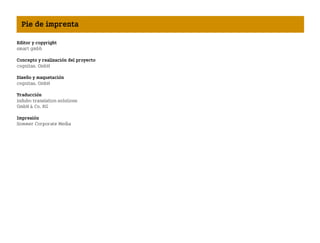 Editor y copyright
smart gmbh
Concepto y realización del proyecto
cognitas. GmbH
Diseño y maquetación
cognitas. GmbH
Traducción
indubo translation solutions
GmbH  Co. KG
Impresión
Sommer Corporate Media
Pie de imprenta
BA fortwo MJ06_Spanish.book Seite 288 Dienstag, 25. Oktober 2005 4:50 16
 