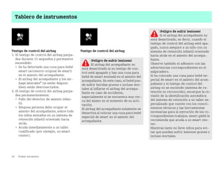 40 Primer encuentro
Tablero de instrumentos
Testigo de control del airbag
3. El testigo de control del airbag parpa
dea durante 15 segundos y permanece
encendido:
 Se ha detectado una cuna para bebé
smart (accesorio original de smart)
en el asiento del acompañante.
 El airbag del acompañante y los air
bags laterales* (si están disponi
bles) están desconectados.
4. El testigo de control del airbag parpa
dea permanentemente:
 Fallo del detector de asiento infan
til.
 Ninguna persona debe ocupar el
asiento del acompañante, sobre todo
los niños sentados en un sistema de
retención infantil orientado hacia
atrás.
 Acuda inmediatamente a un taller
cualificado (por ejemplo, un smart
center).
Testigo de control del airbag
¡Peligro de sufrir lesiones!
Si el airbag del acompañante no
está desactivado, es decir, cuando el
testigo de control del airbag esté apa
gado, nunca asegure a un niño con un
sistema de retención infantil orientado
hacia atrás en el asiento del acompa
ñante.
Observe también el adhesivo con las
advertencias correspondientes en el
salpicadero.
Si ha colocado una cuna para bebé es
pecial de smart en el asiento del acom
pañante y el testigo de control del
airbag no se enciende (sistema de re
tención no reconocido), encargue la re
visión de la identificación automática
del sistema de retención a un taller es
pecializado que cuente con los conoci
mientos técnicos y las herramientas
necesarias para la ejecución de los co
rrespondientes trabajos. smart gmbh le
recomienda que acuda a un smart cen
ter.
Mientras tanto no lleve niños para evi
tar que puedan sufrir lesiones graves o
incluso mortales.
¡Peligro de sufrir lesiones!
El airbag del acompañante no
está desactivado si su testigo de con
trol está apagado y hay una cuna para
bebé de smart montada en el asiento del
acompañante. En este caso, el bebé pue
de sufrir heridas graves o incluso mor
tales al inflarse el airbag del acompa
ñante en caso de accidente,
especialmente si se encuentra muy cer
ca del mismo en el momento de su acti
vación.
El airbag del acompañante solamente se
desactiva al colocar una cuna para bebé
especial de smart en el asiento del
acompañante.
BA fortwo MJ06_Spanish.book Seite 40 Dienstag, 25. Oktober 2005 4:50 16
 