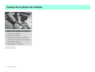 56 Primer encuentro
Consola de la palanca de cambios
Consola de la palanca de cambios
a Consola de teléfono*
b Palanca de cambios
c Interruptor del techo corredizo
eléctrico de cristal*1
o interruptor
de la capota trasera2
d Cerradura de encendido
1 En el fortwo coupé
2 En el fortwo cabrio
1
2
5
8
0
4
7
3
6
9
BA fortwo MJ06_Spanish.book Seite 56 Dienstag, 25. Oktober 2005 4:50 16
 