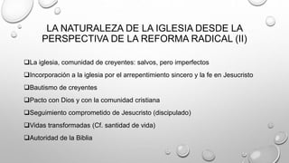 LA NATURALEZA DE LA IGLESIA DESDE LA
PERSPECTIVA DE LA REFORMA RADICAL (II)
La iglesia, comunidad de creyentes: salvos, pero imperfectos
Incorporación a la iglesia por el arrepentimiento sincero y la fe en Jesucristo
Bautismo de creyentes
Pacto con Dios y con la comunidad cristiana
Seguimiento comprometido de Jesucristo (discipulado)
Vidas transformadas (Cf. santidad de vida)
Autoridad de la Biblia
 