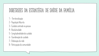 Diretrizes da estratégia de saúde da família
1 - Territorialização
2- PopulaçãoAdscrita
3- Cuidado centrado na pessoa
4- Resolutividade
5- Longitudinalidade do cuidado
6- Coordenaçãodo cuidado
7- Ordenação da rede
8- Participação da comunidade
 