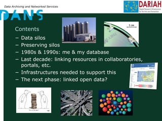 Data Archiving and Networked Services
Contents
− Data silos
− Preserving silos
− 1980s & 1990s: me & my database
− Last decade: linking resources in collaboratories,
portals, etc.
− Infrastructures needed to support this
− The next phase: linked open data?
 