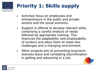 Priority 1: Skills supply
•   Activities focus on employees and
    entrepreneurs in the public and private
    sectors and the social economy.
•   Support is offered to develop relevant skills,
    comprising a careful analysis of needs
    followed by appropriate training. This
    improves the adaptability and employability
    of workers and allow them to meet new
    challenges and a changing environment.
•   Other projects aim at preventing long-term
    sickness leave and combating discrimination
    in getting and advancing in a job.
 