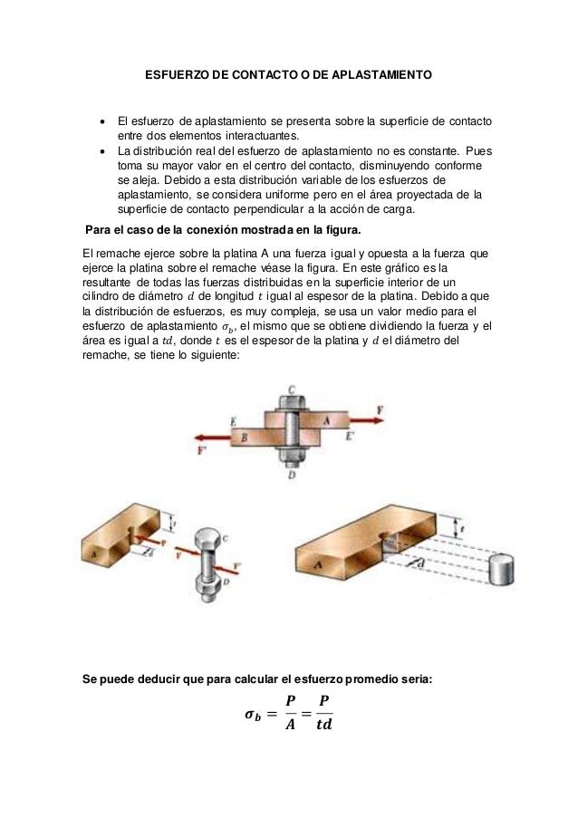 ESFUERZO DE CONTACTO O DE APLASTAMIENTO
ï‚· El esfuerzo de aplastamiento se presenta sobre la superficie de contacto
entre d...