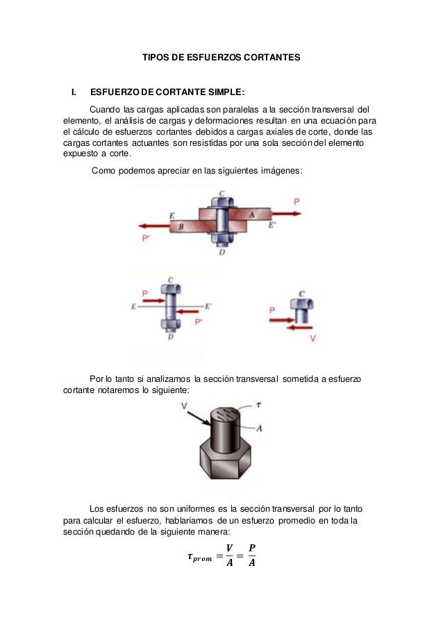 TIPOS DE ESFUERZOS CORTANTES
I. ESFUERZO DE CORTANTE SIMPLE:
Cuando las cargas aplicadas son paralelas a la secciÃ³n transv...
