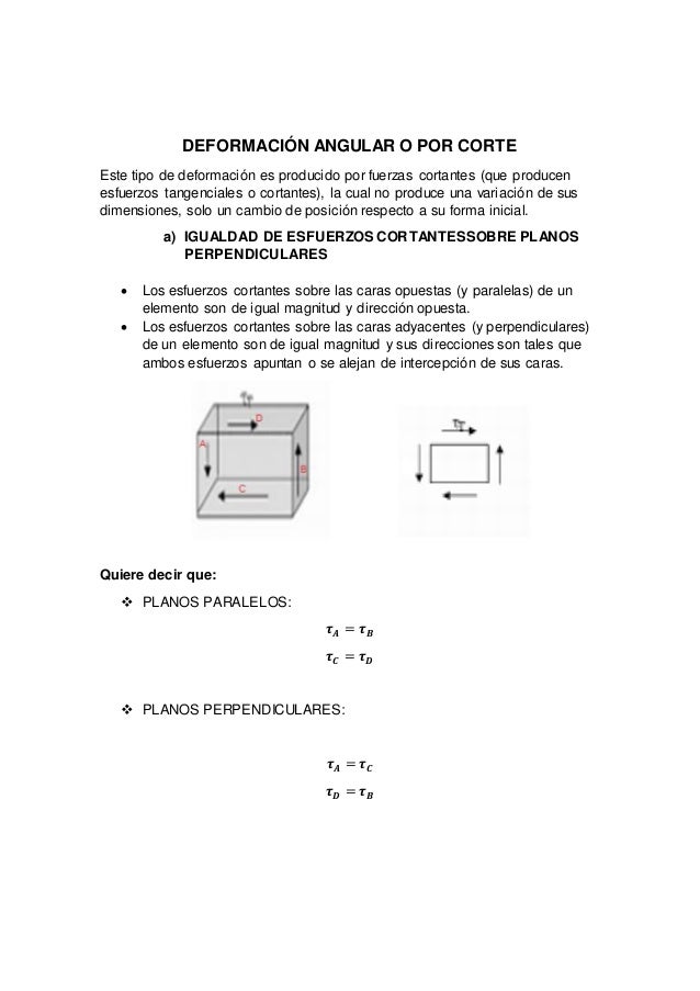 DEFORMACIÃ“N ANGULAR O POR CORTE
Este tipo de deformaciÃ³n es producido por fuerzas cortantes (que producen
esfuerzos tangen...