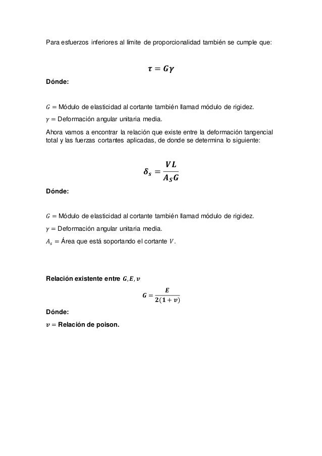 Para esfuerzos inferiores al lÃ­mite de proporcionalidad tambiÃ©n se cumple que:
ð‰ = ð‘®ðœ¸
DÃ³nde:
ðº = MÃ³dulo de elasticidad al ...