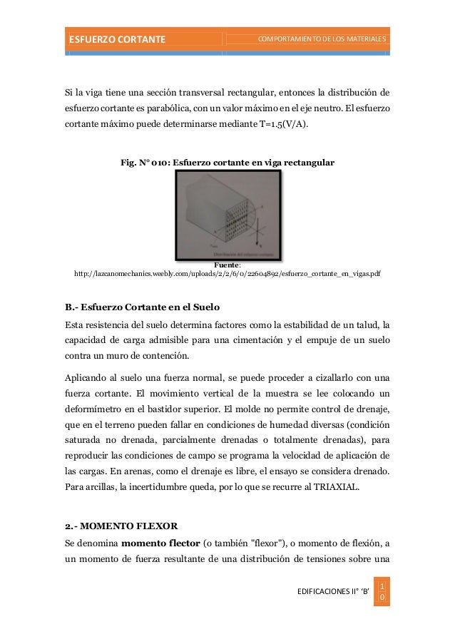 ESFUERZO CORTANTE COMPORTAMIENTO DE LOS MATERIALES
EDIFICACIONES II° ‘B’
1
0
Si la viga tiene una sección transversal rect...