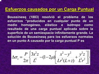 Esfuerzos causados por un Carga Puntual
 Boussinesq (1883) resolvió el problema de los
 esfuerzos “producidos en cualquier punto de un
 medio homogéneo, elástico e isótropo como
 resultado de una carga puntual aplicada sobre la
 superficie de un semiespacio infinitamente grande. La
 solución de Boussinesq para los esfuerzos normales
 en un punto A causado por la carga puntual P es



          P ⎧3x2 z     ⎡ x2 − y2     y z ⎤⎫
                                      2
   ∆σ x = ⎨ 5 − (1− 2µ)⎢ 2         + 3 2 ⎥⎬
         2π ⎩ L        ⎣ Lr (L + z) L r ⎦⎭
 