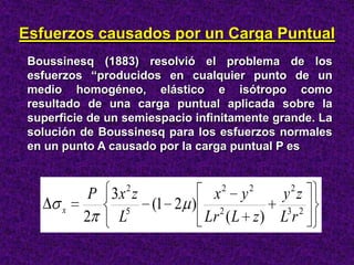 Esfuerzos causados por un Carga Puntual
Boussinesq (1883) resolvió el problema de los
esfuerzos “producidos en cualquier punto de un
medio homogéneo, elástico e isótropo como
resultado de una carga puntual aplicada sobre la
superficie de un semiespacio infinitamente grande. La
solución de Boussinesq para los esfuerzos normales
en un punto A causado por la carga puntual P es

2

x

2

2

2

P 3x z
x y
y z
(1 2 ) 2
5
2
L
Lr ( L z ) L3r 2

 