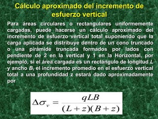 Cálculo aproximado del incremento de
esfuerzo vertical
Para áreas circulares o rectangulares uniformemente
cargadas, puede hacerse un cálculo aproximado del
incremento de esfuerzo vertical total suponiendo que la
carga aplicada se distribuye dentro de un cono truncado
o una pirámide truncada formados por lados con
pendiente de 2 en la vertical y 1 en la Horizontal, por
ejemplo, si el área cargada es un rectángulo de longitud L
y ancho B, el incremento promedio en el esfuerzo vertical
total a una profundidad z estará dado aproximadamente
por

v

(L

qLB
z )( B

z)

 
