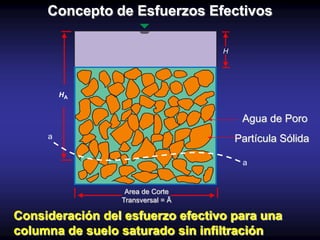 Concepto de Esfuerzos Efectivos
H

HA

Agua de Poro
a

Partícula Sólida
a

Area de Corte
Transversal = Ā

Consideración del esfuerzo efectivo para una
columna de suelo saturado sin infiltración

 