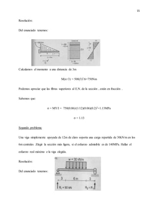 15
Resolución:
Del enunciado tenemos:
Calculamos el momento a una distancia de 3m
M(x=3) = 500(3)2/6=750Nm
Podemos apreciar que las fibras superiores al E.N. de la sección , están en fracción .
Sabemos que:
σ = MY/I = 750(0.06)/(1/12)(0.06)(0.2)3=1.13MPa
σ = 1.13
Segundo problema:
Una viga simplemente apoyada de 12m de claro soporta una carga repartida de 30kN/m en los
6m centrales .Elegir la sección más ligera, si el esfuerzo admisible es de 140MPa. Hallar el
esfuerzo real máximo e la viga elegida.
Resolución:
Del enunciado tenemos:
 