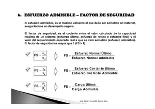 6. ESFUERZO ADMISIBLE – FACTOR DE SEGURIDAD
El esfuerzo admisible, es el máximo esfuerzo al que debe ser sometido un material,
asegurándose un desempeño seguro.
El esfuerzo admisible, es el máximo esfuerzo al que debe ser sometido un material,
asegurándose un desempeño seguro.
El factor de seguridad, es el cociente entre el valor calculado de la capacidad
máxima de un sistema (esfuerzo último, esfuerzo de rotura o esfuerzo final) y el
valor del requerimiento esperado real a que se verá sometido (esfuerzo admisible).
El factor de seguridad es mayor que 1 (FS > 1).
El factor de seguridad, es el cociente entre el valor calculado de la capacidad
máxima de un sistema (esfuerzo último, esfuerzo de rotura o esfuerzo final) y el
valor del requerimiento esperado real a que se verá sometido (esfuerzo admisible).
El factor de seguridad es mayor que 1 (FS > 1).
Ing. Luis Fernando Narro Jara
 