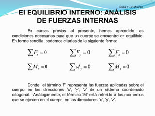 El EQUILIBRIO INTERNO: ANÁLISIS
DE FUERZAS INTERNAS
Tema 1 - Esfuerzo
En cursos previos al presente, hemos aprendido las
condiciones necesarias para que un cuerpo se encuentre en equilibrio.
En forma sencilla, podemos citarlas de la siguiente forma:
Donde el término ‘F’ representa las fuerzas aplicadas sobre el
cuerpo en las direcciones ‘x’, ‘y’, ‘z’ de un sistema coordenado
ortogonal. Análogamente, el término ‘M’ está referido a los momentos
que se ejercen en el cuerpo, en las direcciones ‘x’, ‘y’, ‘z’.
  0
x
F
  0
x
M
  0
y
F   0
z
F
  0
y
M   0
z
M
 