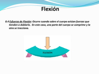 8.4 Esfuerzo de Flexión: Ocurre cuando sobre el cuerpo actúan fuerzas que
tienden a doblarlo. En este caso, una parte del cuerpo se comprime y la
otra se tracciona.
Flexión
FLEXIÓN
 