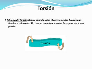 5 Esfuerzo de Torsión: Ocurre cuando sobre el cuerpo actúan fuerzas que
tienden a retorcerlo. Un caso es cuando se usa una llave para abrir una
puerta.
Torsión
TORSIÓN
 
