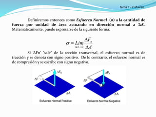 Definiremos entonces como Esfuerzo Normal (σ) a la cantidad de
fuerza por unidad de área actuando en dirección normal a ‘ΔA’.
Matemáticamente, puede expresarse de la siguiente forma:
Si ‘ΔFn’ “sale” de la sección transversal, el esfuerzo normal es de
tracción y se denota con signo positivo. De lo contrario, el esfuerzo normal es
de compresión y se escribe con signo negativo.
A
F
Lim n
A 



 0

Tema 1 - Esfuerzo
 