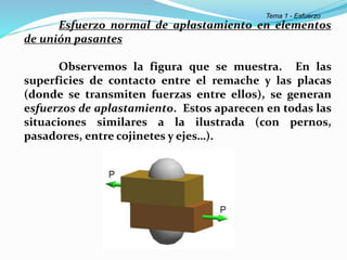 Esfuerzo normal de aplastamiento en elementos
de unión pasantes
Observemos la figura que se muestra. En las
superficies de contacto entre el remache y las placas
(donde se transmiten fuerzas entre ellos), se generan
esfuerzos de aplastamiento. Estos aparecen en todas las
situaciones similares a la ilustrada (con pernos,
pasadores, entre cojinetes y ejes…).
Tema 1 - Esfuerzo
 