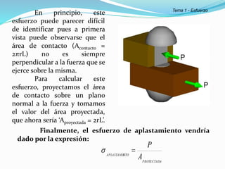 En principio, este
esfuerzo puede parecer difícil
de identificar pues a primera
vista puede observarse que el
área de contacto (Acontacto =
2πrL) no es siempre
perpendicular a la fuerza que se
ejerce sobre la misma.
Para calcular este
esfuerzo, proyectamos el área
de contacto sobre un plano
normal a la fuerza y tomamos
el valor del área proyectada,
que ahora sería ‘Aproyectada = 2rL’.
Finalmente, el esfuerzo de aplastamiento vendría
dado por la expresión:
PROYECTADA
NTO
APLASTAMIE
A
P


Tema 1 - Esfuerzo
 