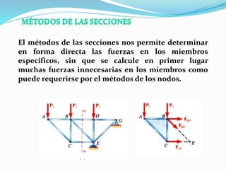 El métodos de las secciones nos permite determinar
en forma directa las fuerzas en los miembros
específicos, sin que se calcule en primer lugar
muchas fuerzas innecesarias en los miembros como
puede requerirse por el métodos de los nodos.
 