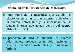 Definición de la Resistencia de Materiales
Es una rama de la mecánica que estudia las
relaciones entre las cargas externas aplicadas a
un cuerpo deformable y la intensidad de las
fuerzas internas que actuan dentro del cuerpo.
(Hibbeler, 1997)
El propósito de RM es analizar los cuerpos
deformables, predecir estar deformaciones y
permitir encontrar materiales y dimensiones
óptimos
Definición de la Resistencia de Materiales
 