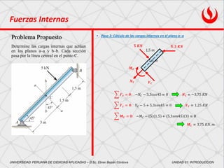 5
• Paso 2: Cálculo de las cargas internas en el plano a–a
Problema Propuesto
Determine las cargas internas que actúan
en los planos a–a y b–b. Cada sección
pasa por la línea central en el punto C.
UNIVERSIDAD PERUANA DE CIENCIAS APLICADAS – D.Sc. Elmer Bazán Córdova UNIDAD 01: INTRODUCCION
Fuerzas Internas
 