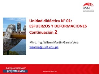 www.usat.edu.pe
www.usat.edu.pe
Mtro. Ing. Wilson Martín Garcia Vera
wgarcia@usat.edu.pe
Unidad didáctica N° 01:
ESFUERZOS Y DEFORMACIONES
Continuación 2
 