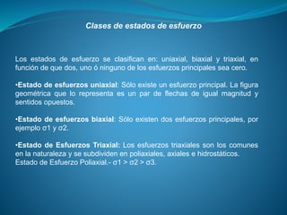 Los estados de esfuerzo se clasifican en: uniaxial, biaxial y triaxial, en
función de que dos, uno ó ninguno de los esfuerzos principales sea cero.
•Estado de esfuerzos uniaxial: Sólo existe un esfuerzo principal. La figura
geométrica que lo representa es un par de flechas de igual magnitud y
sentidos opuestos.
•Estado de esfuerzos biaxial: Sólo existen dos esfuerzos principales, por
ejemplo σ1 y σ2.
•Estado de Esfuerzos Triaxial: Los esfuerzos triaxiales son los comunes
en la naturaleza y se subdividen en poliaxiales, axiales e hidrostáticos.
Estado de Esfuerzo Poliaxial.- σ1 > σ2 > σ3.
Clases de estados de esfuerzo
 
