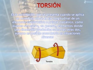 Es la solicitación que se presenta cuando se aplica 
un momento sobre el eje longitudinal de un 
elemento constructivo o prisma mecánico, como 
pueden ser ejes o, en general, elementos donde 
una dimensión predomina sobre las otras dos, 
aunque es posible encontrarla en situaciones 
diversas 
 