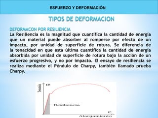 La Resiliencia es la magnitud que cuantifica la cantidad de energía
que un material puede absorber al romperse por efecto de un
impacto, por unidad de superficie de rotura. Se diferencia de
la tenacidad en que esta última cuantifica la cantidad de energía
absorbida por unidad de superficie de rotura bajo la acción de un
esfuerzo progresivo, y no por impacto. El ensayo de resiliencia se
realiza mediante el Péndulo de Charpy, también llamado prueba
Charpy.
ESFUERZO Y DEFORMACIÓN
 