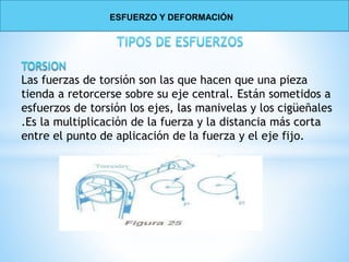Las fuerzas de torsión son las que hacen que una pieza
tienda a retorcerse sobre su eje central. Están sometidos a
esfuerzos de torsión los ejes, las manivelas y los cigüeñales
.Es la multiplicación de la fuerza y la distancia más corta
entre el punto de aplicación de la fuerza y el eje fijo.
ESFUERZO Y DEFORMACIÓN
 