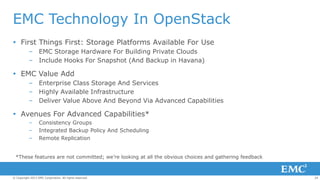 EMC Technology In OpenStack
 First Things First: Storage Platforms Available For Use
– EMC Storage Hardware For Building Private Clouds
– Include Hooks For Snapshot (And Backup in Havana)

 EMC Value Add
– Enterprise Class Storage And Services
– Highly Available Infrastructure
– Deliver Value Above And Beyond Via Advanced Capabilities

 Avenues For Advanced Capabilities*
–
–
–

Consistency Groups
Integrated Backup Policy And Scheduling
Remote Replication

*These features are not committed; we’re looking at all the obvious choices and gathering feedback

© Copyright 2013 EMC Corporation. All rights reserved.

24

 