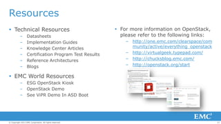 Resources
 Technical Resources
–
–
–
–
–
–

Datasheets
Implementation Guides
Knowledge Center Articles
Certification Program Test Results
Reference Architectures
Blogs

 For more information on OpenStack,
please refer to the following links:
– http://one.emc.com/clearspace/com
munity/active/everything_openstack
– http://virtualgeek.typepad.com/
– http://chucksblog.emc.com/
– http://openstack.org/start

 EMC World Resources
– ESG OpenStack Kiosk
– OpenStack Demo
– See ViPR Demo In ASD Boot

© Copyright 2013 EMC Corporation. All rights reserved.

27

 
