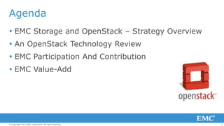 Agenda
 EMC Storage and OpenStack – Strategy Overview
 An OpenStack Technology Review
 EMC Participation And Contribution
 EMC Value-Add

© Copyright 2013 EMC Corporation. All rights reserved.

3

 