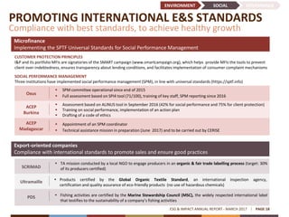 PROMOTING INTERNATIONAL E&S STANDARDS
Compliance with best standards, to achieve healthy growth
ESG & IMPACT ANNUAL REPORT - MARCH 2017 PAGE 18
Microfinance
Implementing the SPTF Universal Standards for Social Performance Management
CUSTOMER PROTECTION PRINCIPLES
I&P and its portfolio MFIs are signatories of the SMART campaign (www.smartcampaign.org), which helps provide MFIs the tools to prevent
client over-indebtedness, ensures transparency about lending conditions, and facilitates implementation of consumer complaint mechanisms
Oxus
 SPM committee operational since end of 2015
 Full assessment based on SPI4 tool (71/100), training of key staff, SPM reporting since 2016
SOCIAL PERFORMANCE MANAGEMENT
Three institutions have implemented social performance management (SPM), in line with universal standards (https://sptf.info)
ACEP
Burkina
 Assessment based on ALINUS tool in September 2016 (42% for social performance and 75% for client protection)
 Training on social performance, implementation of an action plan
 Drafting of a code of ethics
ACEP
Madagascar
 Appointment of an SPM coordinator
 Technical assistance mission in preparation (June 2017) and to be carried out by CERISE
Export-oriented companies
Compliance with international standards to promote sales and ensure good practices
SCRIMAD
 TA mission conducted by a local NGO to engage producers in an organic & fair trade labelling process (target: 30%
of its producers certified)
Ultramaille
PDS  Fishing activities are certified by the Marine Stewardship Council (MSC), the widely respected international label
that testifies to the sustainability of a company’s fishing activities
 Products certified by the Global Organic Textile Standard, an international inspection agency,
certification and quality assurance of eco-friendly products (no use of hazardous chemicals)
ENVIRONMENT SOCIAL GOVERNANCE
 