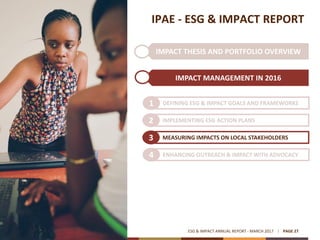 IMPACT THESIS AND PORTFOLIO OVERVIEW
IPAE - ESG & IMPACT REPORT
IMPACT MANAGEMENT IN 2016
ESG & IMPACT ANNUAL REPORT - MARCH 2017 PAGE 27
DEFINING ESG & IMPACT GOALS AND FRAMEWORKS1
IMPLEMENTING ESG ACTION PLANS2
MEASURING IMPACTS ON LOCAL STAKEHOLDERS3
ENHANCING OUTREACH & IMPACT WITH ADVOCACY4
 