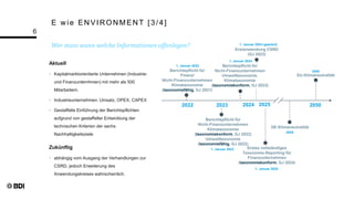 E w ie EN VIR ON MEN T [3/4]
Wer muss wann welche Informationen offenlegen?
6
EU-Klimaneutralität
2050
DE-Klimaneutralität
2050
2045
2022
Berichtspflicht für
Finanz/
Nicht-Finanzunternehmen
Klimataxonomie
(taxonomiefähig, GJ 2021)
1. Januar 2022
2023
Berichtspflicht für
Nicht-Finanzunternehmen
Klimataxonomie
(taxonomiekonform, GJ 2022)
Umwelttaxonomie
(taxonomiefähig, GJ 2022)
1. Januar 2023
2024
Berichtspflicht für
Nicht-Finanzunternehmen
Umwelttaxonomie,
Klimataxonomie
(taxonomiekonform, GJ 2023)
1. Januar 2024
2025
Erstes vollständiges
Taxonomie-Reporting für
Finanzunternehmen
(taxonomiekonform, GJ 2024)
1. Januar 2025
Erstanwendung CSRD
(GJ 2023)
1. Januar 2024 (geplant)
Aktuell
 Kapitalmarktorientierte Unternehmen (Industrie-
und Finanzunternhmen) mit mehr als 500
Mitarbeitern.
 Industrieunternehmen: Umsatz, OPEX, CAPEX
 Gestaffelte Einführung der Berichtspflichten
aufgrund von gestaffelter Entwicklung der
technischen Kriterien der sechs
Nachhaltigkeitsziele
Zukünftig
 abhängig vom Ausgang der Verhandlungen zur
CSRD, jedoch Erweiterung des
Anwendungskreises wahrscheinlich.
 
