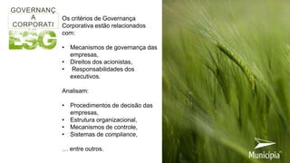 Os critérios de Governança
Corporativa estão relacionados
com:
• Mecanismos de governança das
empresas,
• Direitos dos acionistas,
• Responsabilidades dos
executivos.
Analisam:
• Procedimentos de decisão das
empresas,
• Estrutura organizacional,
• Mecanismos de controle,
• Sistemas de compliance,
… entre outros.
APRESENTAÇÃO DE
ARGUMENTOS
GOVERNANÇ
A
CORPORATI
VA
 