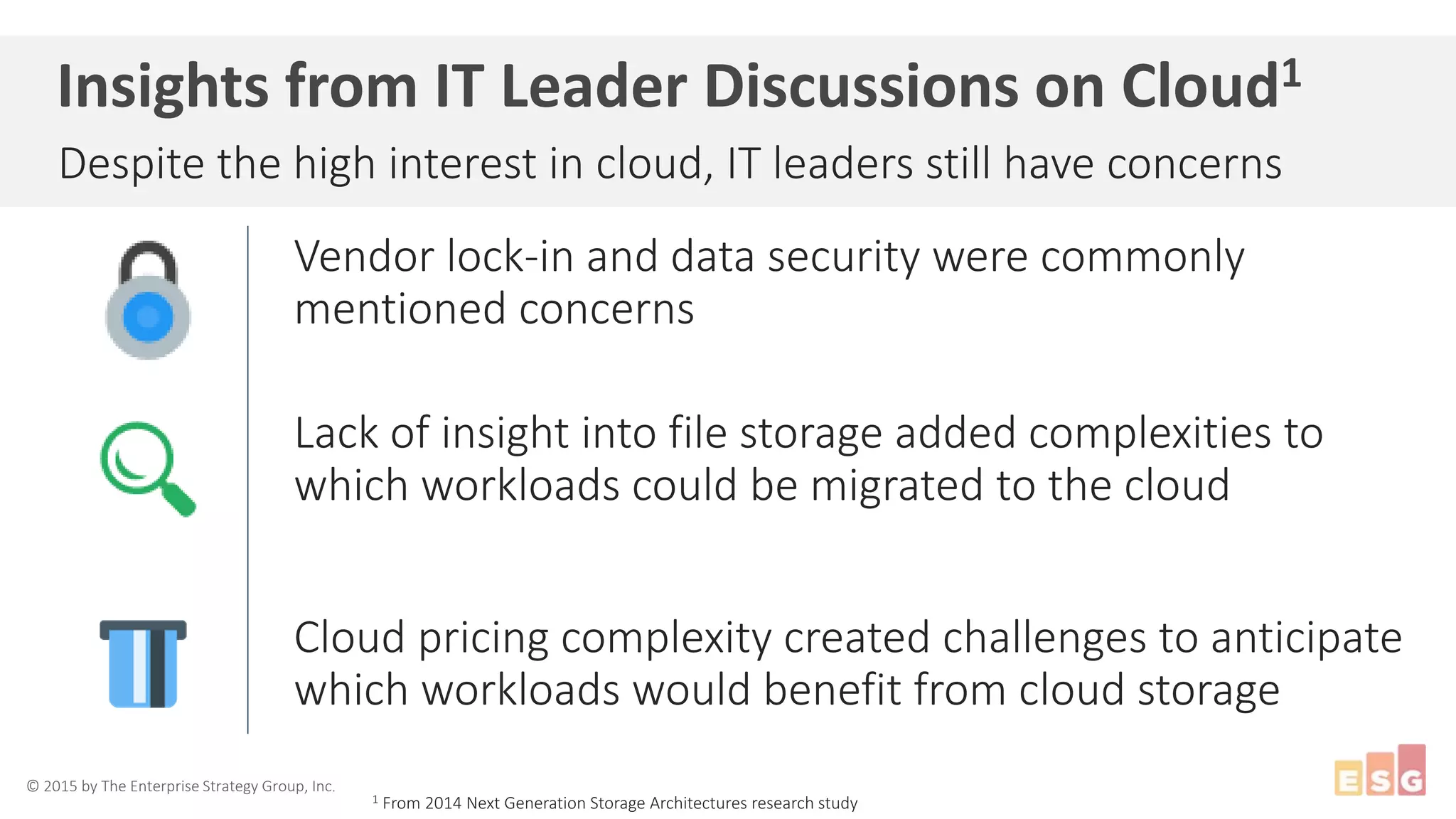 © 2015 by The Enterprise Strategy Group, Inc.
Insights from IT Leader Discussions on Cloud1
Vendor lock-in and data security were commonly
mentioned concerns
Lack of insight into file storage added complexities to
which workloads could be migrated to the cloud
Cloud pricing complexity created challenges to anticipate
which workloads would benefit from cloud storage
Despite the high interest in cloud, IT leaders still have concerns
1 From 2014 Next Generation Storage Architectures research study
 