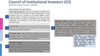 Council of Institutional Investors (CII)
(Shareholder Proposals: The Basics – US Market)
11
Shareholders Proposals Basics
Proposal length: A proposal cannot exceed 500 words and must be
submitted by a deadline set by the company and usually disclosed
in the prior year’s proxy statement.
Permissible topics: Topics covered by shareholder proposals vary
from year to year but tend to fall into three general categories:
shareholder rights, a company's governance (including executive
compensation), or environmental or social topics.
Grounds for exclusion: Rule 14a-8(i) spells out the criteria limiting
the types of resolutions that can be submitted for inclusion in
companies’ proxy materials and detailing what a shareowner must
do from a procedural standpoint. Companies frequently argue that
resolutions—particularly ones addressing social and environmental
issues—relate to the “ordinary business” of the company.
Request for action: A proposal must recommend that a company
take some sort of action (be it preparing a report, assessing a
specific risk and making a recommendation, updating or
developing a policy, or requesting that the board amend its bylaws,
for example). A proposal typically has a “Resolved Clause” (i.e.,
“Resolved: Shareholders hereby request that the board of directors
does X.”). This clause is often accompanied by a supporting
statement and “whereas” clauses, explaining why shareholders
favor a recommended action.
1
2
3
4
5
“The idea is to respect the
proper boundary between
issues best left to management
and the board, on the one
hand, and policy issues on
which shareowners have a
right to be heard.”
Ownership requirements: Shareowner proposals may be filed only
by an investor that has held at least $2,000 worth of the
company’s stock (or 1 percent of the shares eligible to vote,
whichever figure is smaller) continuously for at least one year
before the date the proposal is submitted to the company. The
shareholder must continue to own those shares through the
annual meeting.
Nawar
Alsaadi
Equities
Original
Document
Page:
15
 
