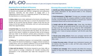 AFL-CIO (American Federation of Labor and Congress of Industrial Organizations)
1. Identify the best director to engage. Research your company’s board
of directors and evaluate each director’s background and professional
experience. Generally, the best director to engage with is an
independent director who is in a leadership position on the board (e.g.,
the lead director or a committee chair).
2. Write a letter. Send a letter addressed to the director articulating your
concerns. Explain why your ESG issue is a concern for shareowners more
broadly. Do not assume that the director is aware of the issue you are
raising. Let the facts speak for themselves, and try to write persuasively,
rather than argumentatively.
3. Send the letter. You should refer to the company’s proxy statement for
instructions on how to communicate with the board. You may wish to
copy the entire board. In addition to sending the letter via the company,
send your letter to the director’s primary place of business or hand
deliver the letter at the annual general meeting (AGM). Registered mail
works well.
4. Follow up. If a satisfactory response is not received after a reasonable
time, contact the director by telephone, or engage a director privately at
a public forum, such as an investor conference. Or try an annual meeting
of another company where the director serves on the board.
5. Meet with the director. If the director responds to your letter, offer to
meet in person or arrange a telephone call. Consider including other
shareowners in the conversation (but make that transparent to the
director). 14
Reaching Out to the Board of Directors
1. Identify your fellow shareowners. Research the proxy voting policies
and contact information for key decision-makers at the company’s
major shareowners.
2. Send shareowners a “fight letter.” Circulate your campaign materials
as soon as practical after the company publishes its proxy statement.
Consider using Broadridge Financial Solutions to forward your materials
to beneficial owners who are bank and broker clients.
3. Comply with the SEC’s solicitation rules. Under Rule 14a-2(b)(1),
“vote no” campaigns are generally exempt from certain SEC proxy rules
so long as you do not seek to act as a proxy for other stockholders.
However, if you own more than $5 million in shares, you must file your
materials and a “notice of exempt solicitation” with the SEC under Rule
14a-6(g).
4. Educate proxy voting advisors. Share your campaign materials with
key proxy voting advisors, such as Institutional Shareholder Services and
Glass, Lewis.
5. Contact the proxy voters. Although many institutional investors will
not disclose how they plan to vote, call their proxy voting staff to
explain your concerns.
6. Publicize your campaign. Talk to reporters who follow the company,
industry, or issue area, and use social media, like blogs and networking
sites.
Running A Successful ‘Vote No’ Campaign
Nawar
Alsaadi
Equities
Original
Document
Page:
18
 