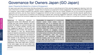 Governance for Owners Japan (GO Japan)
27
Japan: Preparing the Market for a Culture of Engagement
Nawar
Alsaadi
International
Engagement
Go Japan seven-year track record shows that they achieved full or partial success in nearly 60 percent of their planned engagement objectives. By far the
most critical factor is to select an “engageable” company. Not all companies are prepared for investor engagements. They’ve identify three different sorts
of companies: open-minded companies that welcome investor engagements, those that are initially unhelpful but can be accessed by appropriate
approaches and tactics, and, last, those skeptical of engagements that will not listen to investors. Engagement success therefore depends significantly on
picking the first or second group of companies and introducing an agenda with convincing engagement objectives. Having chosen companies on this
basis, they have found that successful engagements have the following characteristics that they think are unique to or of particular relevance in Japanese
markets:
Bottom-up: A bottom-up approach to
engagement works most effectively. GO Japan
normally start with Investor Relations staff and
escalate the dialogue to a general manager, and
eventually to a board member, ensuring that
their engagement agenda is shared with and
understood by each of them. The rationale for
their approach is that the decision-making
process at Japanese corporations is characterized
as “bottom-up” and “consensus.” The process of
going up a corporate ladder works by convincing
each member in the reporting line via face-to-
face meetings. In doing so, they spend a large
amount of time on listening to a company’s
explanations. They never argue with a company
in the early stages, but put extra effort into
fostering a relationship of mutual understanding
and trust.
Constructive: An engagement in a constructive
manner works much better than a
confrontational one. It is important how an
investor delivers a message, especially when he
or she is logically right. Japan is a society where
seniority matters, and respect to the senior is
expected culturally. In engaging company
management, the investor will often be speaking
to a senior person in his 50s or 60s. A behavior of
outright confrontation with the current
management and advocating strategic or
financial changes, even if the investor is 100
percent right, will be just taken as an act of
arrogance and will create friction.
Private: Engaging publicly is unlikely to increase
the chances of success, compared with staying
private. There is not sufficient empirical evidence
to make a firm conclusion, as GO Japan engage
only in a private manner. However, it appears that
public engagements tend to be confrontational
and make a company unnecessarily stubborn, as
managements do not like to be seen as bowing to
pressure from investors. Several companies have
commented that they are annoyed that some
activist managers publicly claim the credit when a
company implements changes. It is much better
to give management the credit; investors can
take the fruits of such changes
A Japanese company expects an investor to understand its business well and therefore will be more
open to a dialogue when an investor engages with a mixed agenda of strategic, financial and ESG issues
rather than using a wholly ESG-centric approach. In our case, roughly 25 percent of engagement
objectives relate to business strategy,35 percent to financial matters, and 40 percent to ESG issues.
Original
Document
Page:
40
 