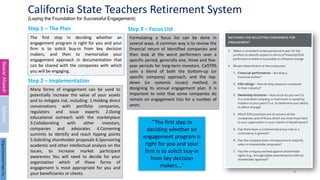 California State Teachers Retirement System
(Laying the Foundation for Successful Engagement)
Step 1 – The Plan
The first step in deciding whether an
engagement program is right for you and your
firm is to solicit buy-in from key decision
makers, and then to memorialize your
engagement approach in documentation that
can be shared with the companies with which
you will be engaging.
Formulating a focus list can be done in
several ways. A common way is to review the
financial return of identified companies and
then look at the worst performers over a
specific period, generally one, three and five-
year periods for long-term investors. CalSTRS
uses a blend of both the bottom-up (or
specific company) approach, and the top-
down (or systemic issues) method, in
designing its annual engagement plan. It is
important to note that some companies do
remain on engagement lists for a number of
years.
Nawar
Alsaadi
4
Many forms of engagement can be used to
potentially increase the value of your assets
and to mitigate risk, including: 1.Holding direct
conversations with portfolio companies,
regulators and issue experts 2.Doing
educational outreach with the marketplace
3.Collaborating with other investors,
companies and advocates 4.Convening
summits to identify and reach tipping points
5.Soliciting shareholder proposals 6.Sponsoring
academic and other intellectual analysis on the
issues, to increase market participant
awareness You will need to decide for your
organization which of these forms of
engagement is most appropriate for you and
your beneficiaries or clients.
Step 2 – Implementation
Step 3 – Focus List
“The first step in
deciding whether an
engagement program is
right for you and your
firm is to solicit buy-in
from key decision
makers...”
Equities
Original
Document
Page:
5-6
 