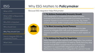ESG Why ESG Matters to Policymaker
What is ESG
What is ESG vs Responsible
Investment
Why They should Care
How to Integrate ESG into
Investment Process
What’s Next
Why ESG is Important
Who should Care
01 To Achieve Sustainable Economic Growth
ESG integration in investment firms leads to better
business performance, sustainable businesses and bring
positive impacts to environment and society. Eg, lower
carbon emission, better employment, lower financial crisis
02 To Meet Increasing Social Pressure
Social pressure is mounting on policymakers to take
actions to mitigate ESG risks and to prevent additional
impacts caused by commercial activities in each aspect of
ESG
03 To Address the Need for Regulation
Policy framework that supports ESG integration has positive
impact on ESG performance. A need to clarify fiduciary duty
should include ESG consideration and to introduce
regulation to support ESG integration such as ESG
disclosure requirement and integration for pension funds
Because ESG integration helps Policymaker:
 
