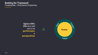 Page 12
Ujjivan SFB’s
ESG story shall
rest on the
performanc
e
perspectives
Purpose
Building the ‘Framework’
Fundamentals – Performance Perspectives
 