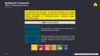 Page 31
Building the ‘Framework’
Pillar 6 – Responsible Finance
for more details click on the respective aspect
Green Finance
Inclusive
Finance
‘TWO’ FOCUS AREAS
An approach that focusses on financial solutions that creates
positive environment impact; and also focus on fostering inclusive
baking ecosystem i.e., improving access, increasing usage,
enhancing quality
Green financing is to increase level of financial flows to
sustainable development priorities
Equality of opportunities to access financial services. It refers
to a process by which individuals and businesses can access
appropriate, affordable, and timely financial products and
services.
 