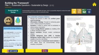 Page 48
Building the ‘Framework’
Pillar 1 – Sustainable Operations – Sustainable by Design [ 2 / 2 ]
Sustainable by
Design
Environmentally conscious or responsible built space, which is purposefully designed to reduce the overall
environment footprint during & after its construction phase
Key sustainable workspace initiatives:
• Recycle old furniture & utilise only certified green-
wood furnishings
• Afforestation Strategy: Focused on enhancing green
cover in offices & beyond its periphery
• Insulation in offices to reduce heat at workplaces to
reduce energy consumption
• Adopted energy-efficient systems by installing LEDs
in offices, branches & outlets
• Natural ventilation through modern architectural
designs
• Variable Refrigerant Flow (VRF) & Variable
Refrigerant Volume (VRV) systems are integrated &
installed in the ACs in all Offices
• Responsible usage of compressed wood modulars in
AU’s offices which are environmentally benign,
reusable, & recyclable.
LEED Gold certified offices in Mumbai and
Bhubaneswar.
In addition, new buildings in Mohali, Kolkata
Palava and Mumbai (Maharashtra) premises
are being constructed to meet IGBC Gold
certification standards.
 