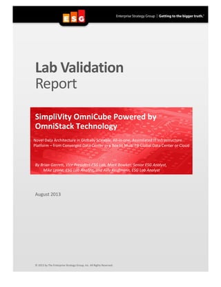 Lab Validation 
Report 
SimpliVity OmniCube Powered by OmniStack Technology 
Novel Data Architecture in Globally Scalable, All-in-one, Assimilated IT Infrastructure Platform – from Converged Data Center in a Box to Multi PB Global Data Center or Cloud 
By Brian Garrett, Vice President ESG Lab, Mark Bowker, Senior ESG Analyst, Mike Leone, ESG Lab Analyst, and Aviv Kaufmann, ESG Lab Analyst 
August 2013 
© 2013 by The Enterprise Strategy Group, Inc. All Rights Reserved.  
